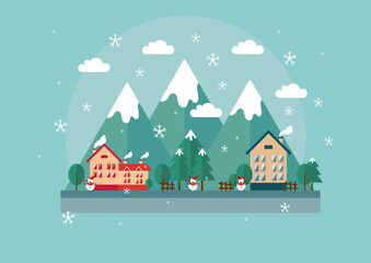 Fototapeta na wymiar winter illustration design. Winter atmosphere in several places. Winter side city illustration 