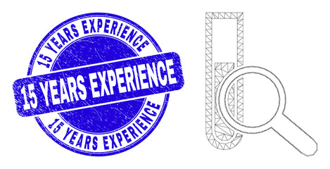 Web mesh explore test-tube icon and 15 Years Experience seal. Blue vector rounded distress seal stamp with 15 Years Experience text.