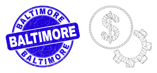 Web mesh financial options gear icon and Baltimore seal stamp. Blue vector round distress stamp with Baltimore caption. Abstract carcass mesh polygonal model created from financial options gear icon.