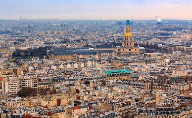 Fototapeta na wymiar Aerial view of Paris, France with the Cathedrale Saint Louis des Invalides cathedral from top of the Eiffel Tower or Tour Eiffel