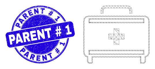 Obraz premium Web mesh first aid case icon and Parent # 1 seal. Blue vector rounded grunge seal with Parent # 1 message. Abstract carcass mesh polygonal model created from first aid case icon.