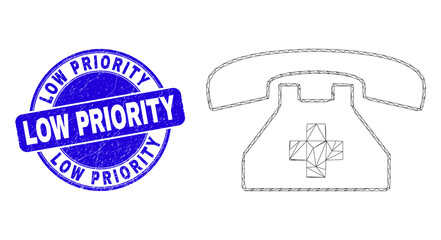 Web mesh first aid phone icon and Low Priority seal stamp. Blue vector rounded grunge stamp with Low Priority phrase. Abstract carcass mesh polygonal model created from first aid phone pictogram.