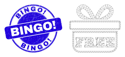 Obraz premium Web mesh free gift icon and Bingo! seal stamp. Blue vector rounded textured seal stamp with Bingo! title. Abstract frame mesh polygonal model created from free gift icon.