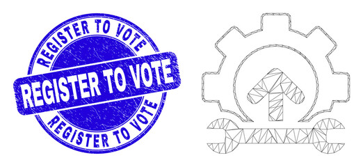 Web mesh gear integration arrow icon and Register to Vote stamp. Blue vector rounded textured stamp with Register to Vote phrase.
