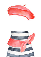 Watercolour set of bright red french beret, black and white striped t-shirt and cute knotted scarf. Hand drawn water color stylized drawing, isolated clipart for design, banner, creative composition. © Julija