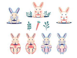 Cute flat rabbits bunnies collection for easter, greeting cards