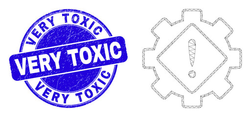 Obraz premium Web carcass gear warning pictogram and Very Toxic seal stamp. Blue vector rounded scratched seal stamp with Very Toxic title. Abstract carcass mesh polygonal model created from gear warning pictogram.