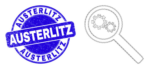 Web carcass gears audit icon and Austerlitz watermark. Blue vector rounded distress watermark with Austerlitz message. Abstract carcass mesh polygonal model created from gears audit icon.