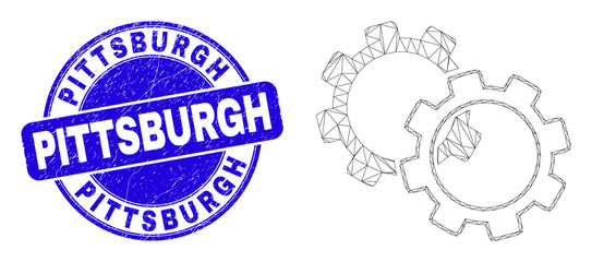 Web mesh gears icon and Pittsburgh seal. Blue vector round textured seal stamp with Pittsburgh text. Abstract carcass mesh polygonal model created from gears icon.