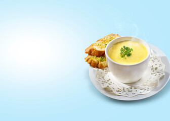 Corn soup and crispy bread or Bolillo bread or Pan Blanco.