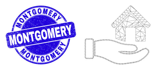 Obraz premium Web carcass hand offer house pictogram and Montgomery seal stamp. Blue vector round distress seal stamp with Montgomery message.