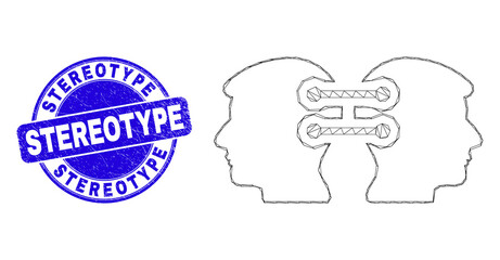 Web mesh head links integration icon and Stereotype stamp. Blue vector rounded textured stamp with Stereotype phrase. Abstract carcass mesh polygonal model created from head links integration icon.