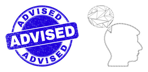 Web mesh head thinking cloud pictogram and Advised seal stamp. Blue vector round scratched seal stamp with Advised message.