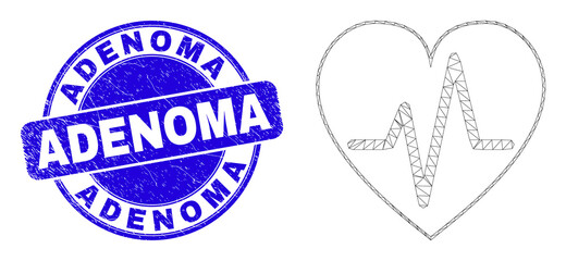 Fototapeta premium Web mesh heart pulse icon and Adenoma seal stamp. Blue vector rounded textured seal stamp with Adenoma phrase. Abstract carcass mesh polygonal model created from heart pulse icon.