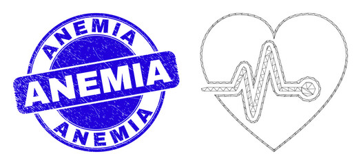Web carcass heart pulse icon and Anemia seal stamp. Blue vector round distress seal stamp with Anemia message. Abstract carcass mesh polygonal model created from heart pulse icon.
