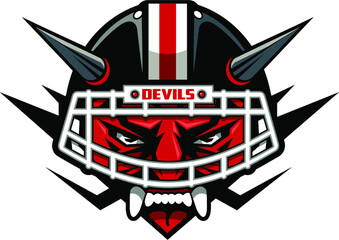 crazy devil football mascot wearing facemask and horns for school, college or league