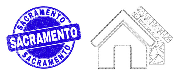 Obraz premium Web carcass houses icon and Sacramento seal stamp. Blue vector rounded textured seal stamp with Sacramento message. Abstract carcass mesh polygonal model created from houses icon.