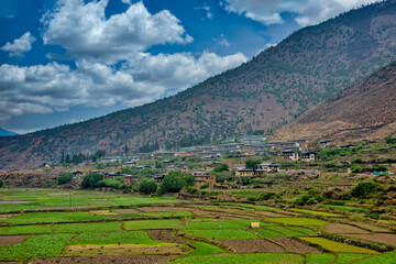 Fototapeta na wymiar Landscape, cityscape photo of Paro, Bhutan – April 29, 2018 – Paro is a valley town in Bhutan, west of the capital, Thimphu. It is known for the many sacred sites in the area