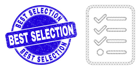 Web mesh items list page icon and Best Selection stamp. Blue vector round distress watermark with Best Selection text. Abstract frame mesh polygonal model created from items list page icon.