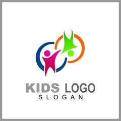 Kids care logo vector, caring children, family parenting, charity people, health care clinic, happy child play with parent