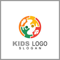 Kids care logo vector, caring children, family parenting, charity people, health care clinic, happy child play with parent
