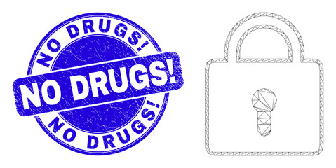 Web carcass lock icon and No Drugs! seal stamp. Blue vector round distress seal stamp with No Drugs! title. Abstract carcass mesh polygonal model created from lock icon.