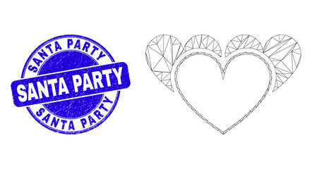 Web carcass love hearts pictogram and Santa Party seal stamp. Blue vector rounded textured seal stamp with Santa Party text. Abstract frame mesh polygonal model created from love hearts pictogram.