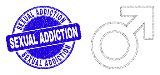 Obraz premium Web carcass male symbol icon and Sexual Addiction watermark. Blue vector rounded grunge watermark with Sexual Addiction caption.