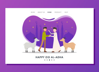 Eid al Adha landing page concept with goat and people