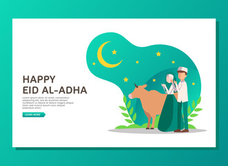 Obraz premium Eid al Adha landing page concept with cow and people