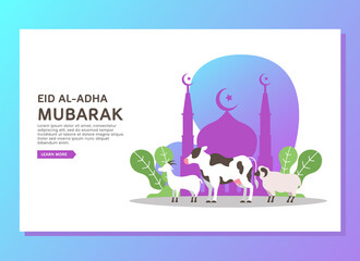 Eid al Adha landing page concept with cow, sheep and goat