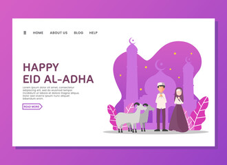 Eid al Adha landing page concept with goat and people