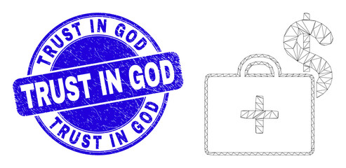 Web mesh medical business case pictogram and Trust in God seal. Blue vector round distress seal stamp with Trust in God text.
