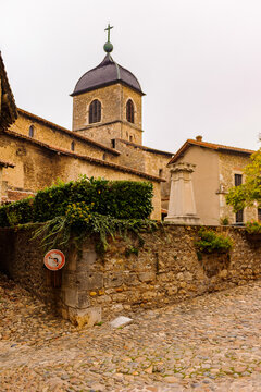 Church of Perouges, France, a medieval walled town, a popular touristic attraction.