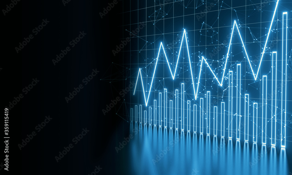 Poster 3d rendering of stock charts with data dots and light reflection on floor. for business financial ba
