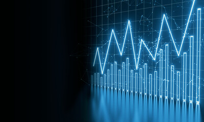 3D Rendering of stock charts with data dots and light reflection on floor. For business financial background