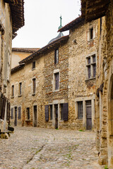 Medieval architecture of Perouges, France, a walled town, a popular touristic attraction.