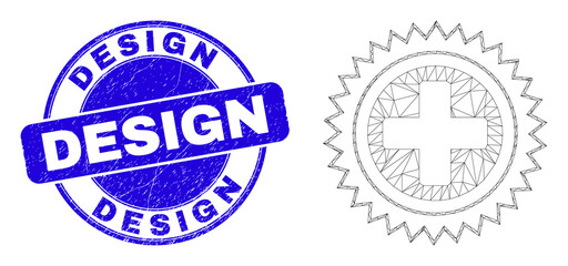 Fototapeta na wymiar Web mesh medical cross icon and Design seal stamp. Blue vector rounded distress stamp with Design text. Abstract carcass mesh polygonal model created from medical cross icon.
