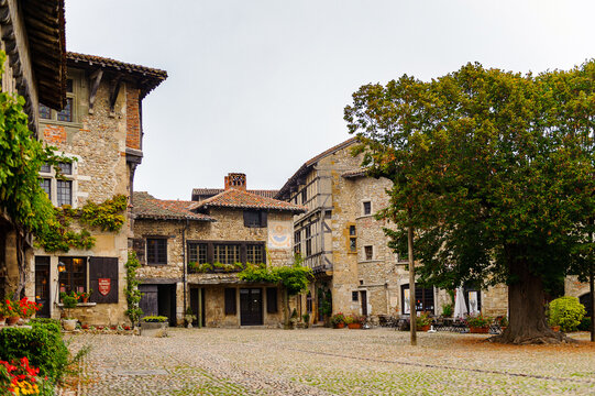 Architecture of the main square Perouges, France, a medieval walled town, a popular touristic attraction.