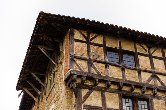 Architecture of the main square Perouges, France, a medieval walled town, a popular touristic attraction.
