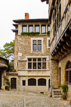 Architecture of the main square Perouges, France, a medieval walled town, a popular touristic attraction.