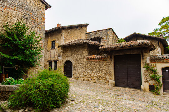 Medieval architecture of Perouges, France, a walled town, a popular touristic attraction.
