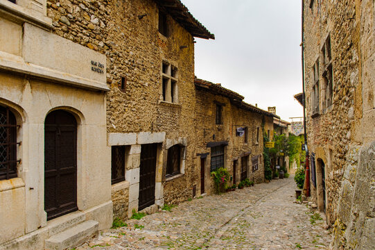 Medieval architecture of Perouges, France, a walled town, a popular touristic attraction.