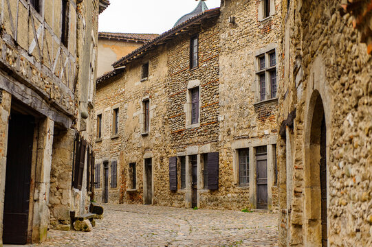 Medieval architecture of Perouges, France, a walled town, a popular touristic attraction.