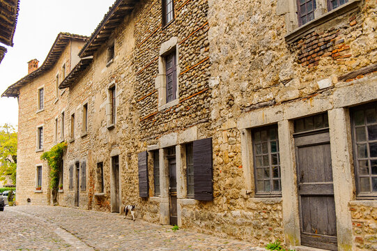 Medieval architecture of Perouges, France, a walled town, a popular touristic attraction.
