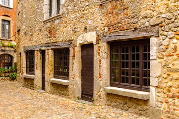 Fototapeta na wymiar Stone house of Perouges, France, a medieval walled town, a popular touristic attraction.