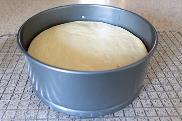 A freshly baked cheesecake in a spring form pan cooling on a wire rack in a domestic kitchen.