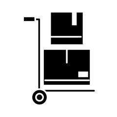 delivery packaging, handcart transport with cardboard boxes cargo distribution, logistic shipment of goods silhouette style icon