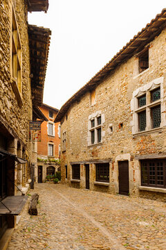 Stone house of Perouges, France, a medieval walled town, a popular touristic attraction.