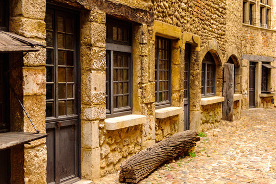 Stone house of Perouges, France, a medieval walled town, a popular touristic attraction.